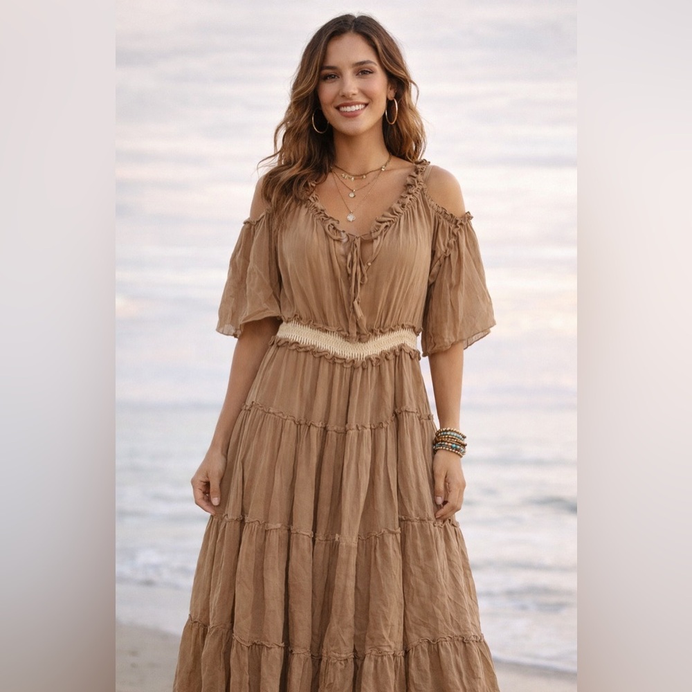 CADIEUX Chic Tan Maxi Dress with Ruffle Details